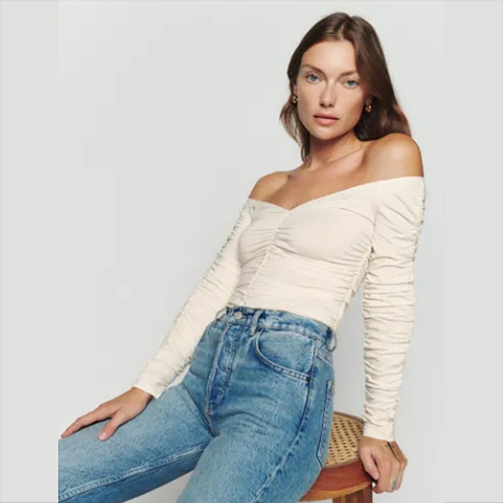 Reformation Leonora Cream Off-Shoulder Long Sleeve Top